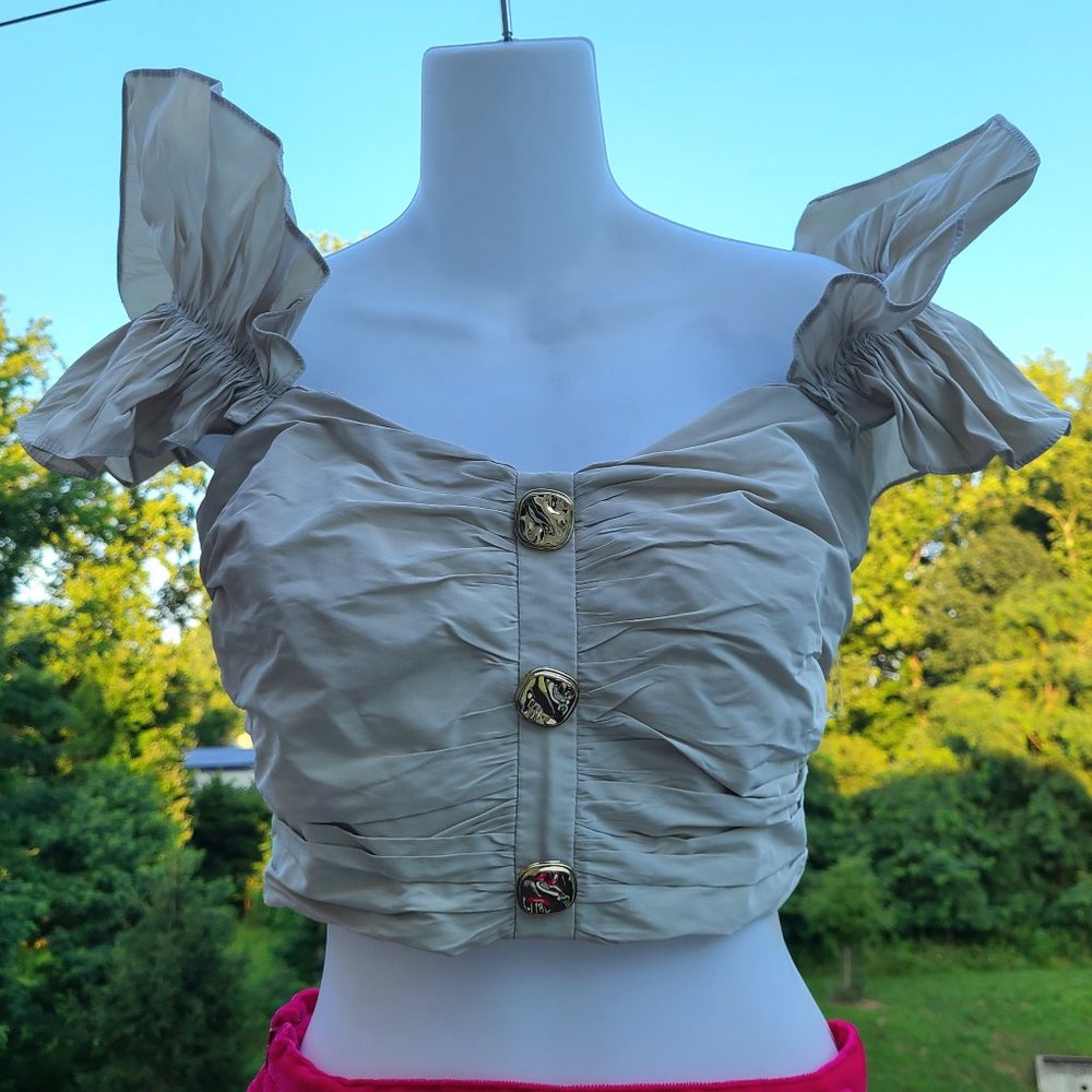 River Island Ecru ethnographic crop tank top gold zipper ruffle beige NEW sz 14